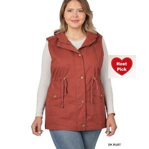 Plus Size Military Style Hooded Vest Large Pockets, Full zip, buttons